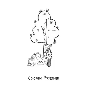 Coloring page of a tree beside a bush
