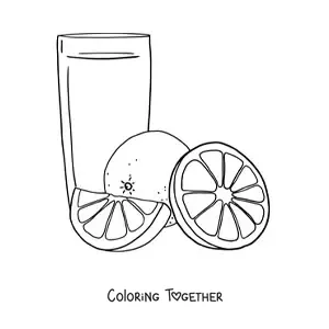 Coloring page of a glass of orange juice next to orange slices