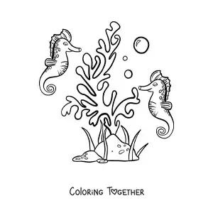 Coloring page of seaweed and two seahorses