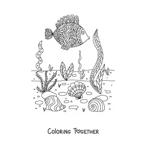 Coloring page of the seabed with seaweed and a fish
