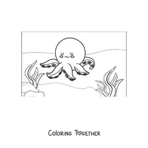 Coloring page of a kawaii octopus with seaweed in the sea