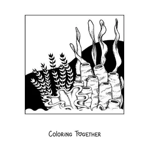 Coloring page of seaweed beside some corals