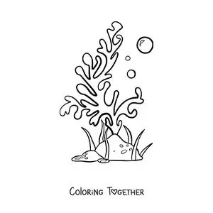 Coloring page of a strand of seaweed with two bubbles beside a rock