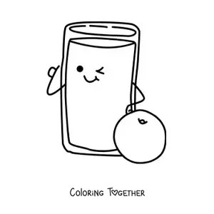 Coloring page of a cartoon kawaii glass of orange juice