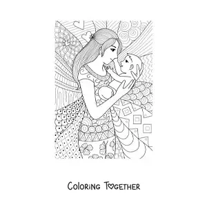Coloring page of a mom with her baby
