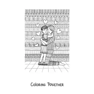 Coloring page of a child hugging their mother