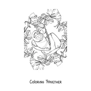 Coloring page of a mom with her baby surrounded by flowers