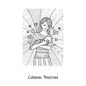 Coloring page of a mother holding a baby in her arms