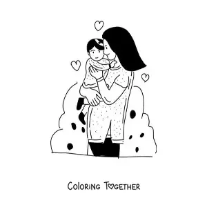 Coloring page of a mom holding a baby in her arms