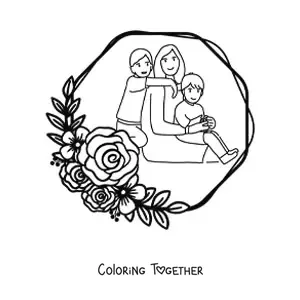 Coloring page of a mom with her two children