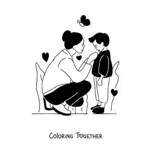Coloring page of a mom dressing her child