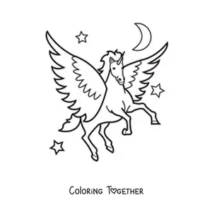 Coloring page of an animated winged unicorn flying at night with stars in the background