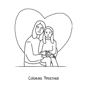 Coloring page of a mom and her daughter with a heart in the background
