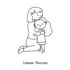 Coloring page of a mom and her daughter hugging