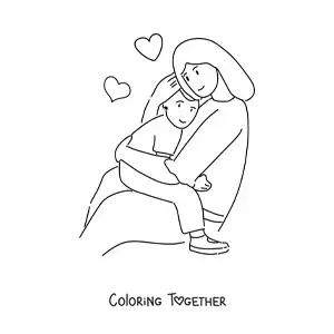 Coloring page of a mom hugging her child