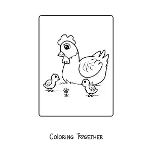 Coloring page of a mama hen with her chicks