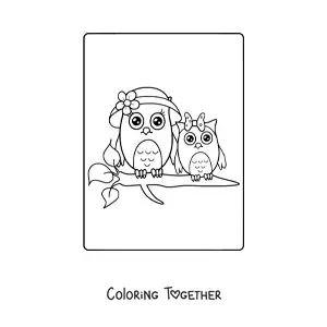 Coloring page of a mama owl with her baby