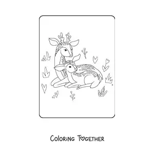 Coloring page of a mama deer with her fawn