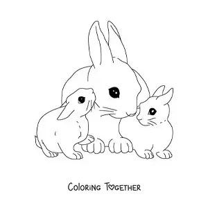 Coloring page of a mama rabbit with her babies