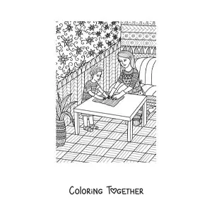 Coloring page of a mom cleaning with her child