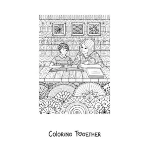 Coloring page of a mom doing homework with her child