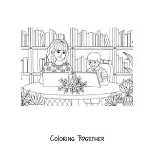 Coloring page of a mom using the computer with her child