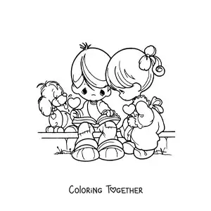 Coloring page of a couple of kids on Valentine's Day