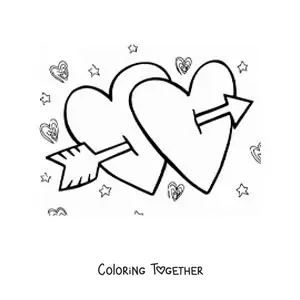 Coloring page of two hearts pierced by arrows