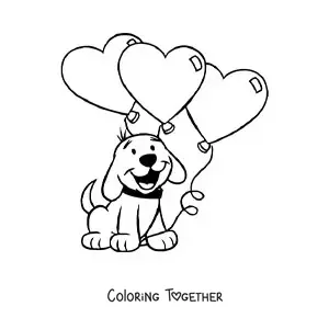 Coloring page of a cartoon dog with three heart balloons