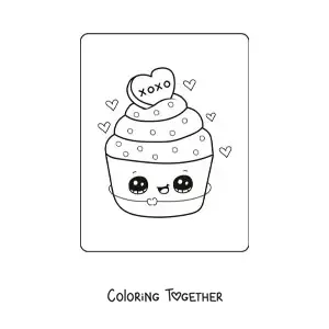 Coloring page of a kawaii Valentine's cupcake