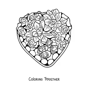 Coloring page of a box of chocolates with Valentine's flowers