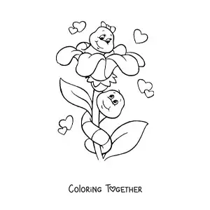Coloring page of two little caterpillars in love on a flower