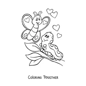 Coloring page of a caterpillar and a butterfly in love