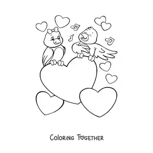 Coloring page of a couple of birds surrounded by hearts