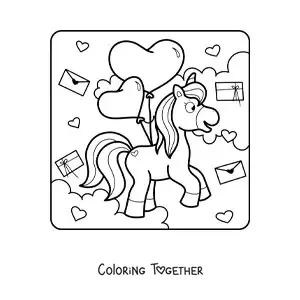 Coloring page of a unicorn with Valentine's balloons and cards