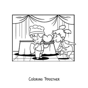 Coloring page of two kids at a special Valentine's dinner
