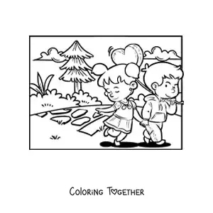 Coloring page of two kids on a Valentine's date