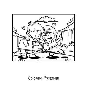 Coloring page of a couple of kids with a Valentine's gift