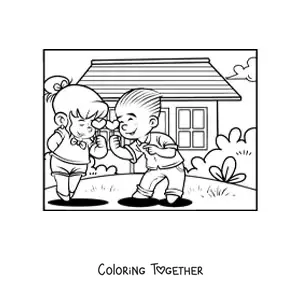 Coloring page of a couple of kids with Valentine's hearts