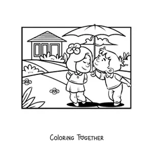 Coloring page of a couple of kids on a romantic date