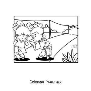 Coloring page of a couple of kids with a Valentine's card