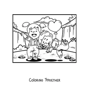 Coloring page of a couple of kids on a fun Valentine's date