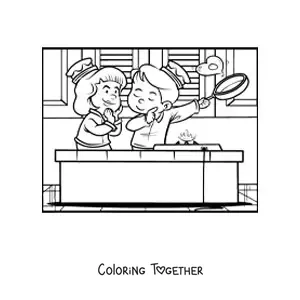 Coloring page of a couple of kids at a Valentine's breakfast