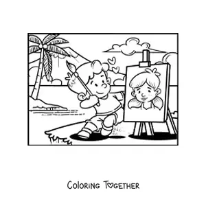 Coloring page of a boy painting a Valentine's portrait