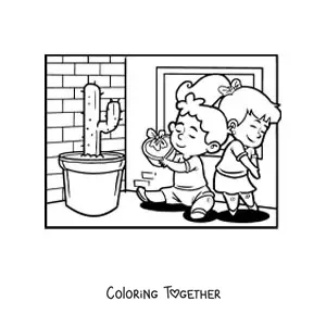 Coloring page of two kids in love on Valentine's Day