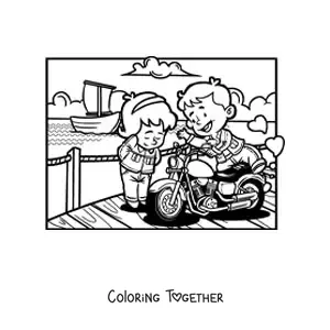 Coloring page of a couple of kids on a romantic date on the pier