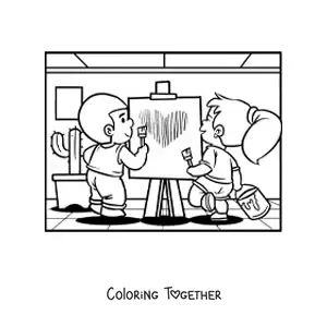 Coloring page of a couple of kids painting on Valentine's Day