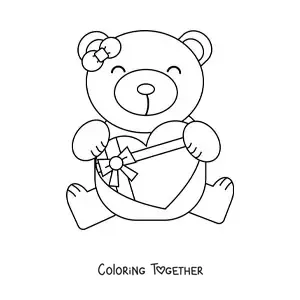Coloring page of a bear with a Valentine's gift