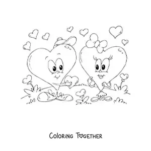 Coloring page of two cartoon hearts on Valentine's Day