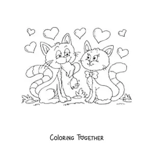 Coloring page of two cats in love on Valentine's Day